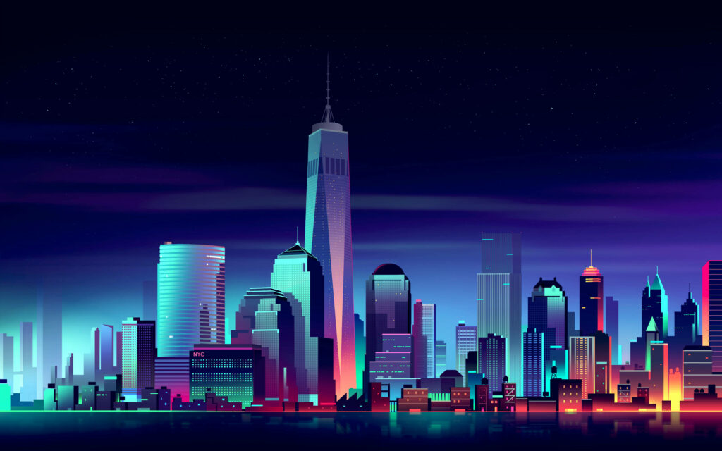 Futuristic Neon Cityscape Wallpaper: Starry Skyline Glow