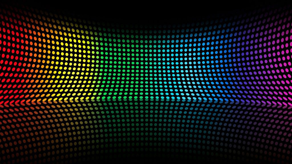 Abstract digital wallpaper with curved neon grid glowing in rainbow colors on black background