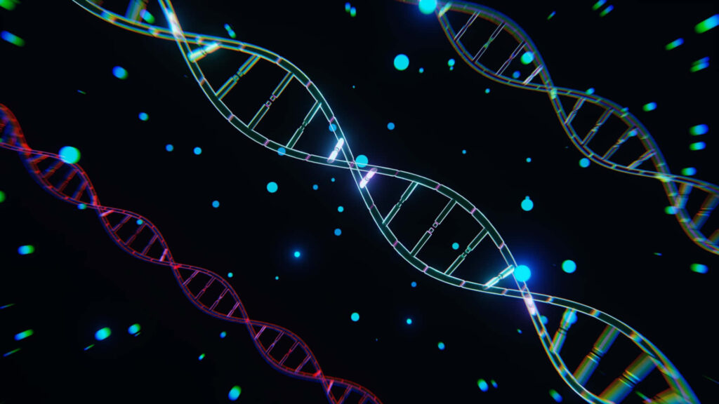 Vibrant neon blue and pink glowing DNA double helix strands on a dark futuristic science background Wallpaper