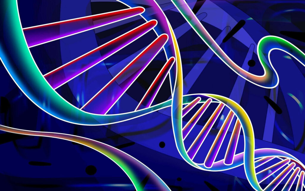 Vibrant futuristic DNA strands glowing neon blue pink purple green on dark abstract background Wallpaper