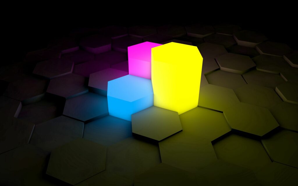 Vibrant Neon Figurines on Hexagonal Pattern – 1920x1200 Wallpaper