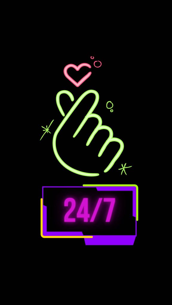 Neon lime green finger heart with pink heart and purple yellow 24/7 text on black background Wallpaper