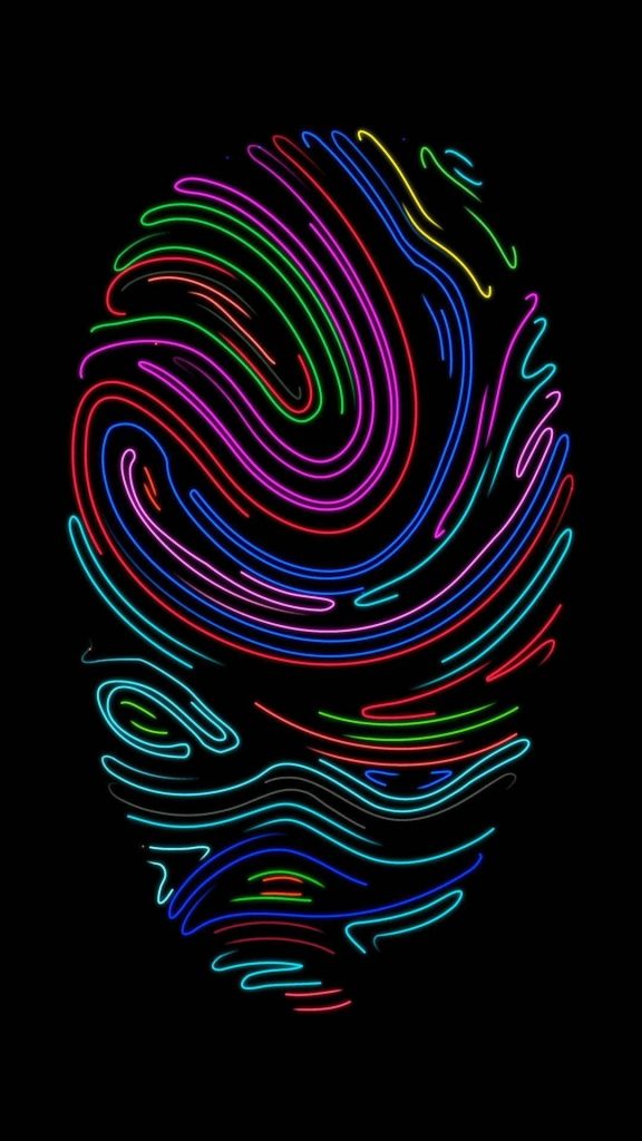 Colorful neon fingerprint wallpaper with red cyan magenta lines on black modern phone background