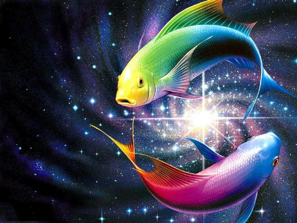 Vibrant Neon Fish Wallpaper: Futuristic Cosmic Spiral Background