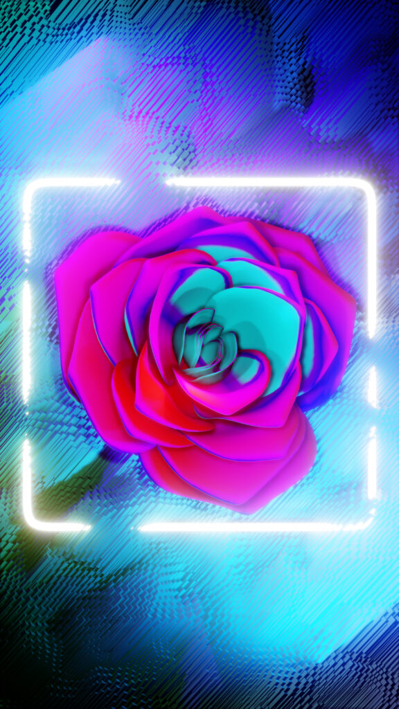 Vibrant Neon Flower Wallpaper with Colorful Illuminated Border