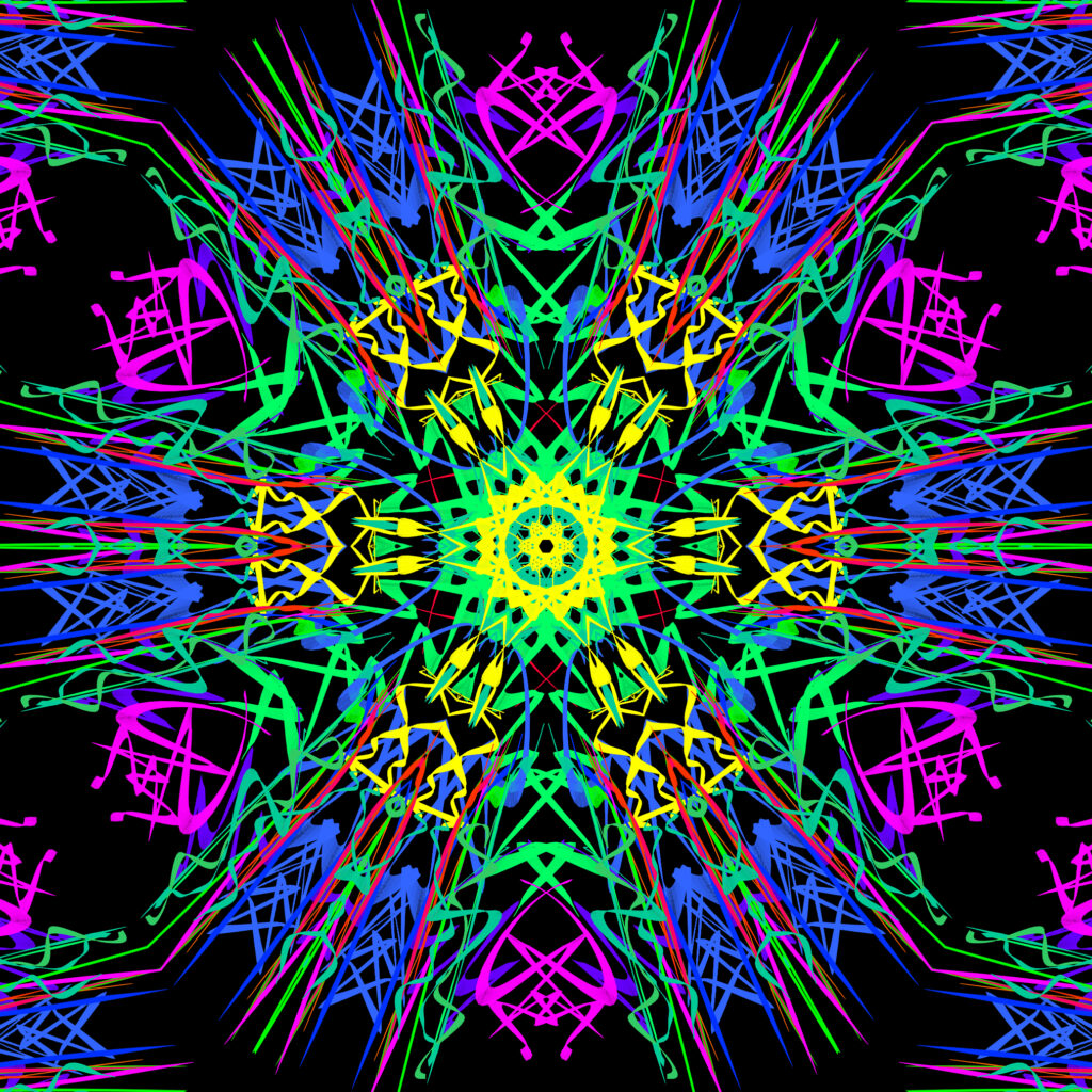 Vibrant Neon Fractal Wallpaper: Intricate Symmetrical Design