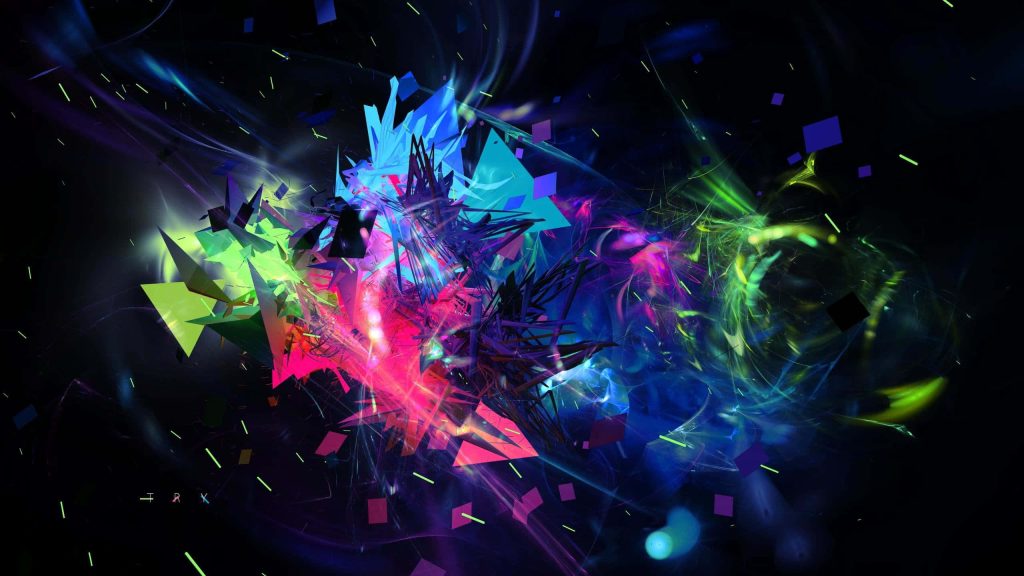Vibrant abstract digital art with neon geometric shards and fluid light streaks on dark background Wallpaper