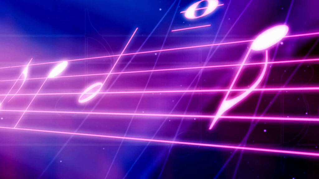 Vibrant Neon Glow Music Wallpaper: Pink Notes on Blue Purple Backdrop