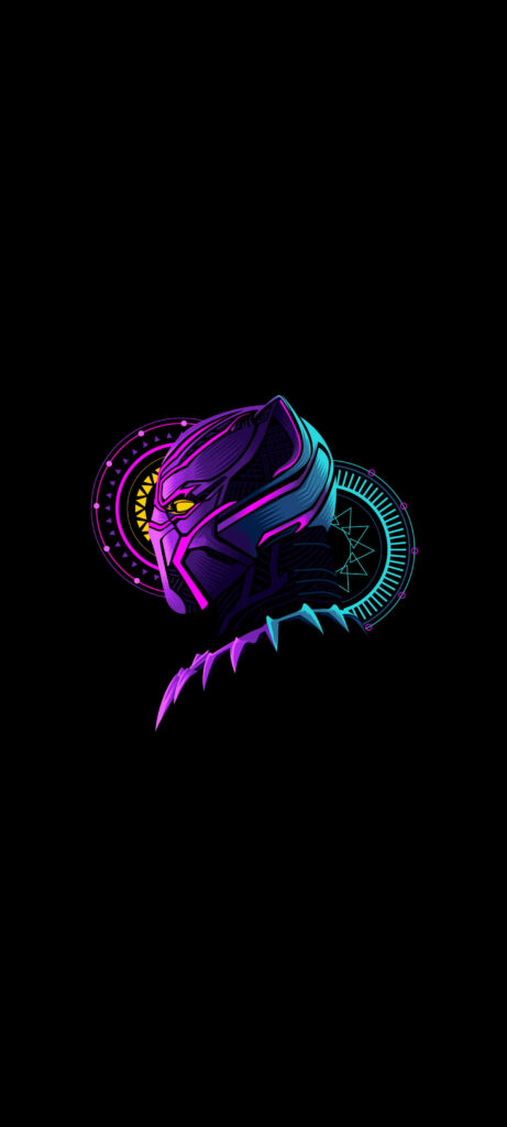 Vibrant neon gradient Black Panther helmet on black background futuristic Android wallpaper
