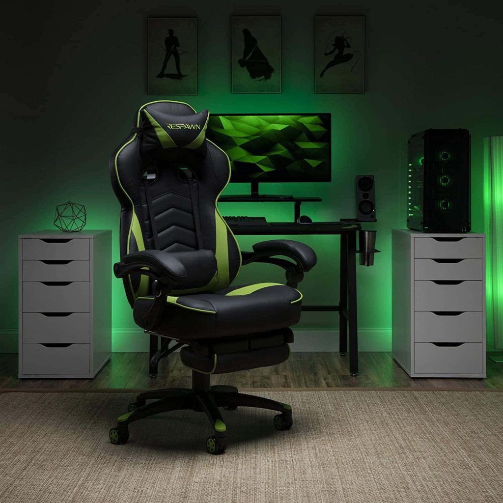Sleek black neon green Respawn gaming chair with footrest in modern green-lit gaming room wallpaper