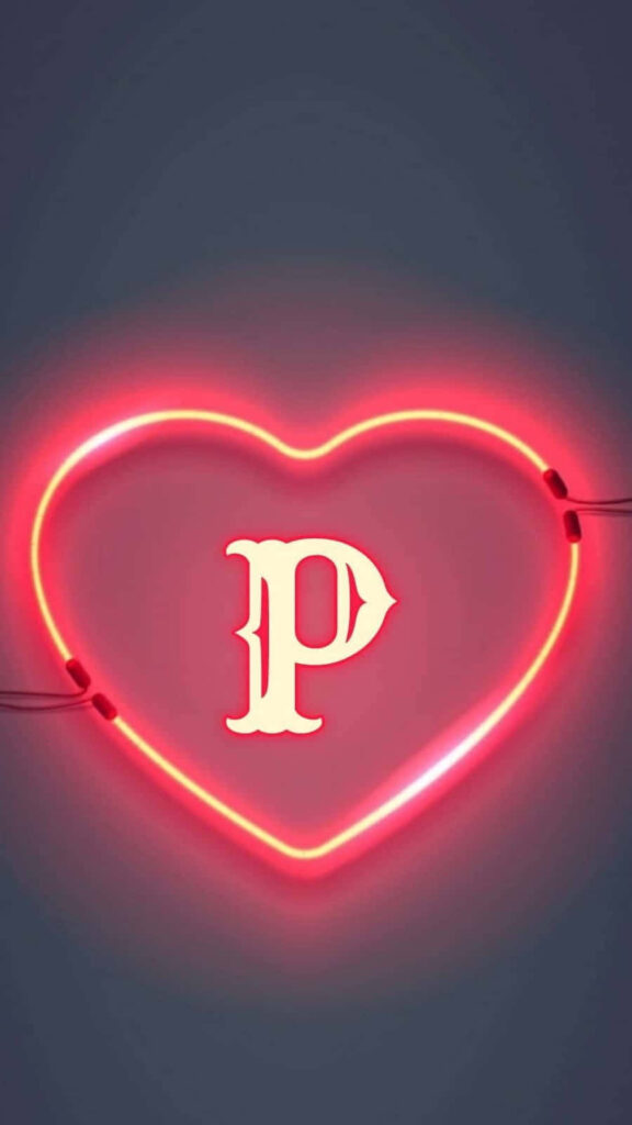 Neon Heart Wallpaper with Glowing Letter P in Pink & Red