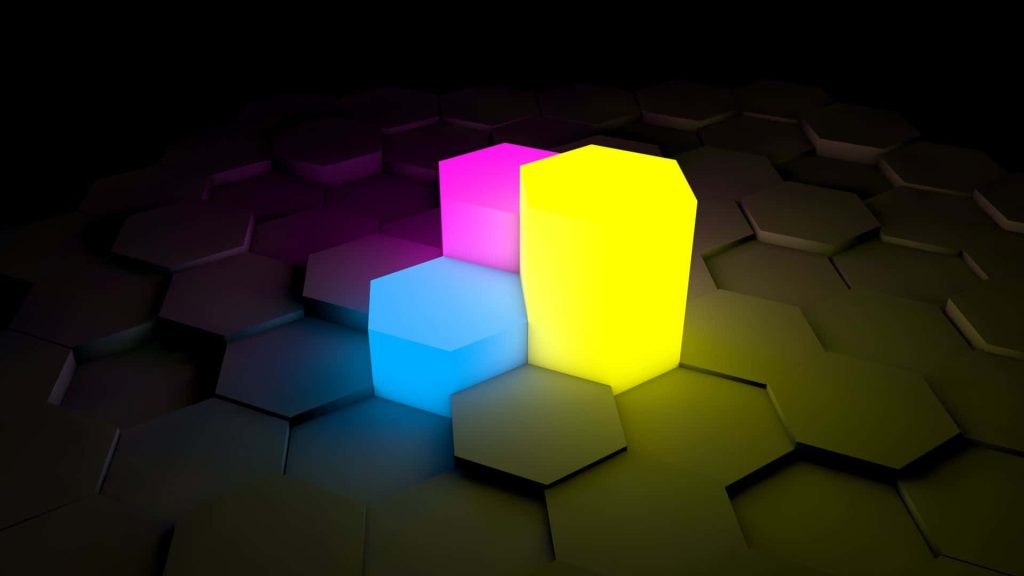 Neon wallpaper with glowing cyan magenta yellow hexagonal pillars on dark textured background