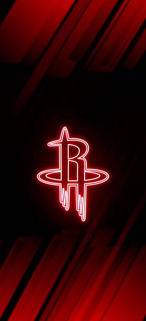 Neon Houston Rockets logo glowing red on dark abstract background with dynamic diagonal lines wallpaper