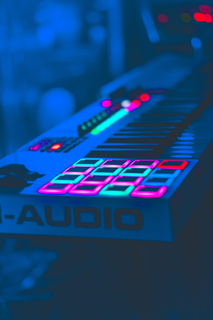 Futuristic Neon Keyboard Wallpaper for Music Enthusiasts