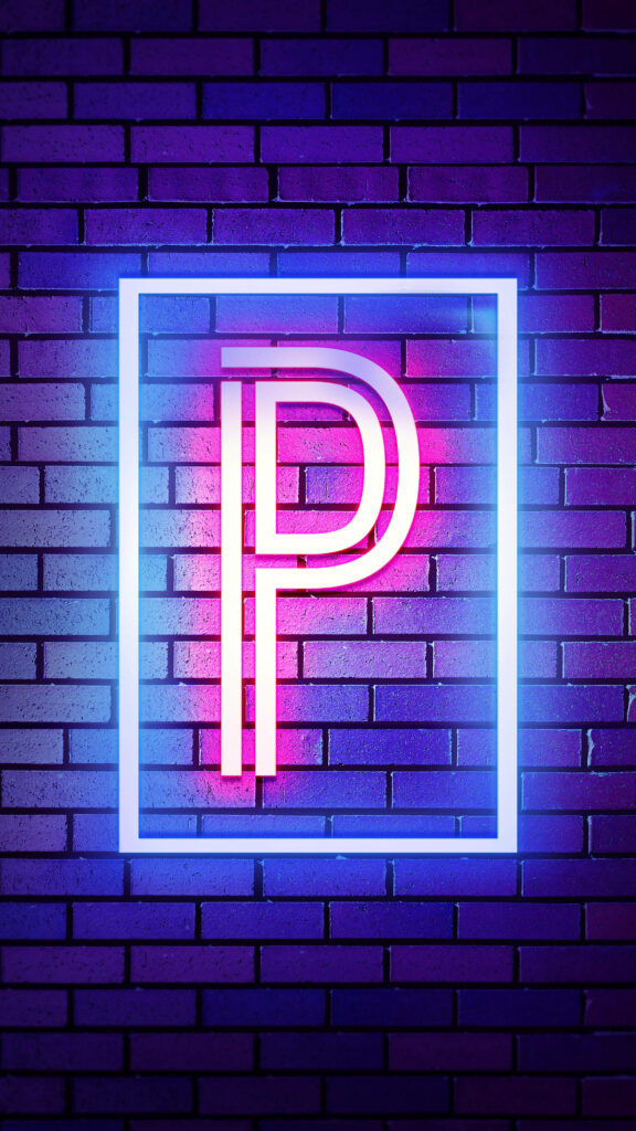 Vibrant Neon 'P' Wallpaper on Textured Brick Wall - Modern Aesthetic
