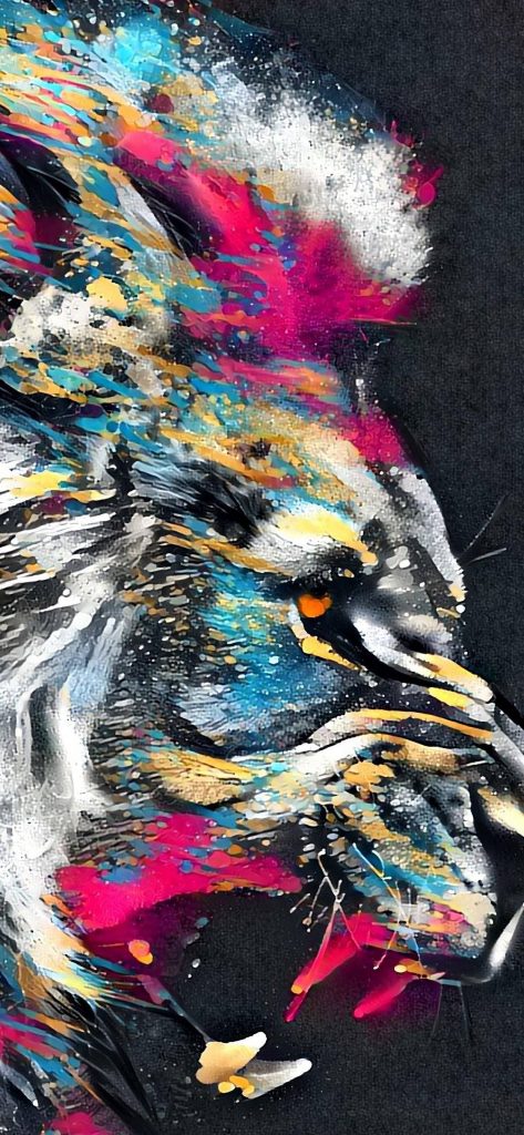 Vibrant abstract lion Pro Max phone wallpaper with neon pink blue yellow splatters on black