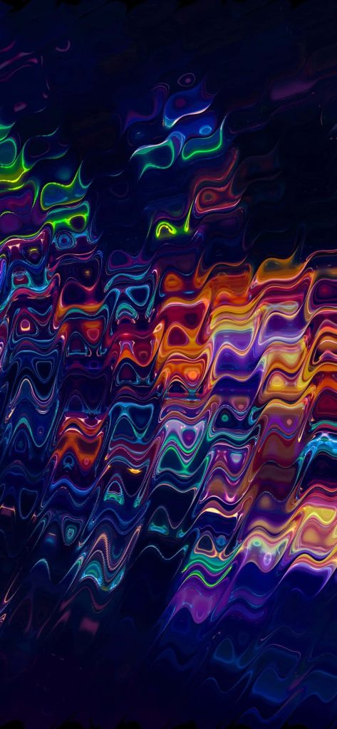 Abstract vibrant liquid wallpaper with neon blue purple orange and green waves for iPhone 11