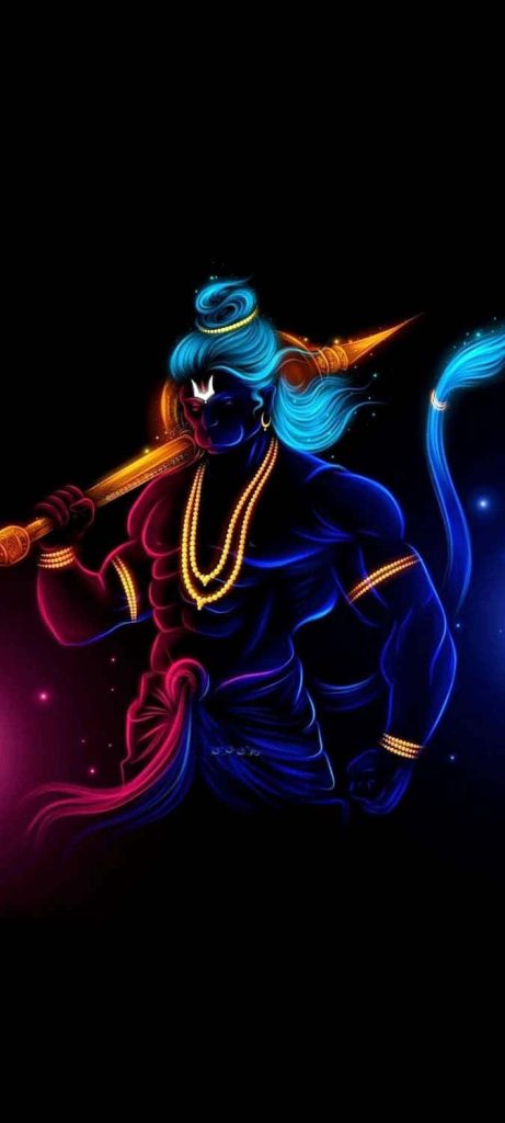 Vibrant neon Lord Hanuman digital art wallpaper with glowing gada silhouette on dark background