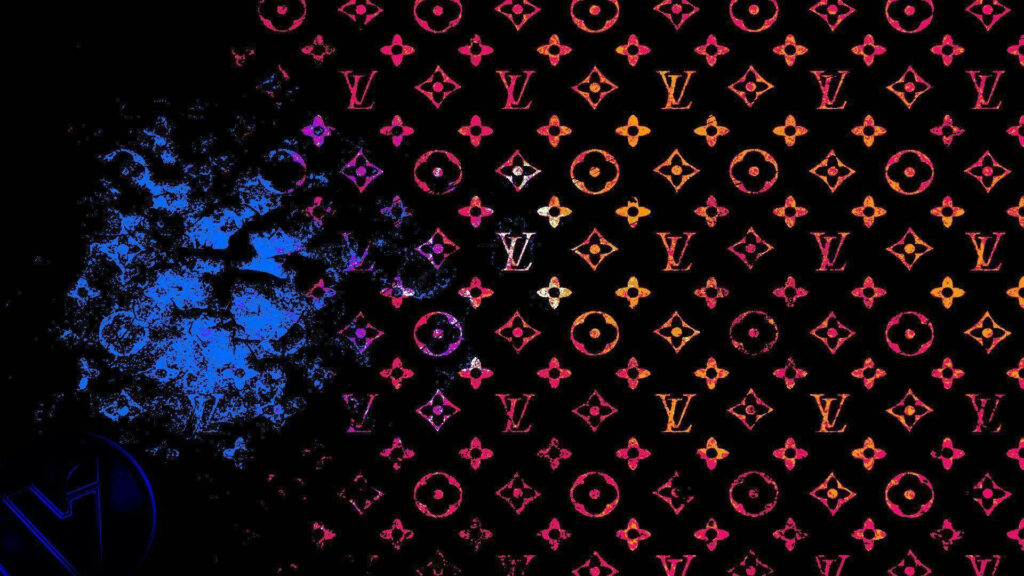 Louis Vuitton logo wallpaper with neon monogram pattern glowing on dark dynamic background