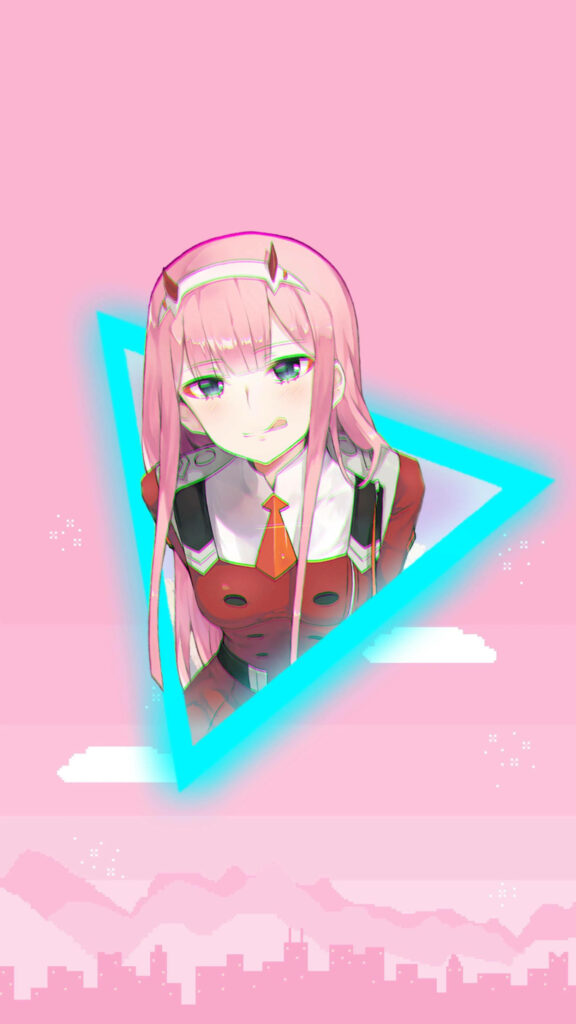 Neon Romance: Zero Two in Vibrant Triangle Frame on Pink Background Wallpaper