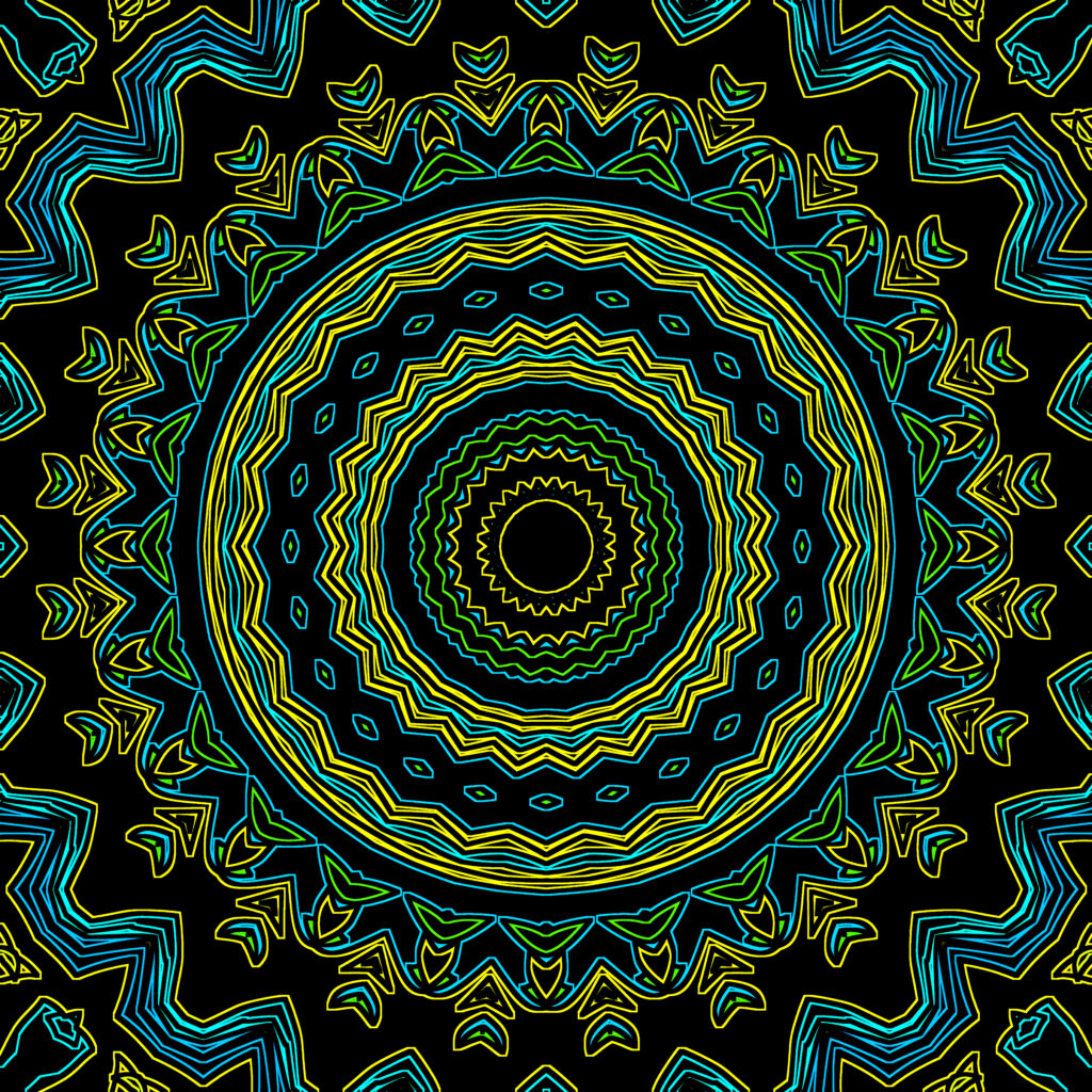 Neon Mandala Wallpaper: Vibrant Geometric Design on Black Background