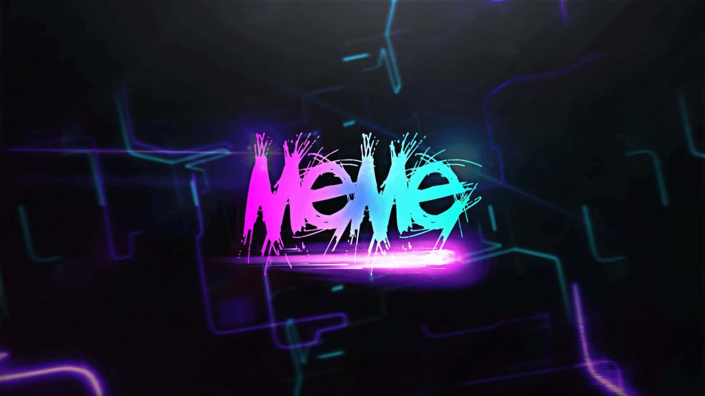Vibrant meme neon graffiti art with pink cyan text on dark glowing tech lines background wallpaper