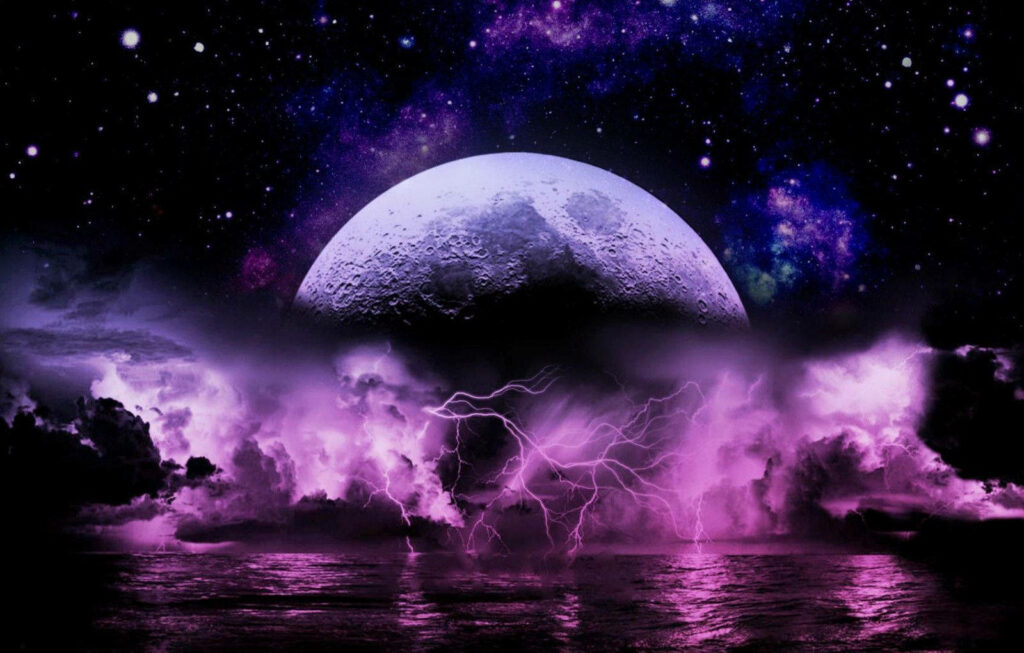 Glowing Neon Moon & Lightning Wallpaper: Stormy Purple Sky Design