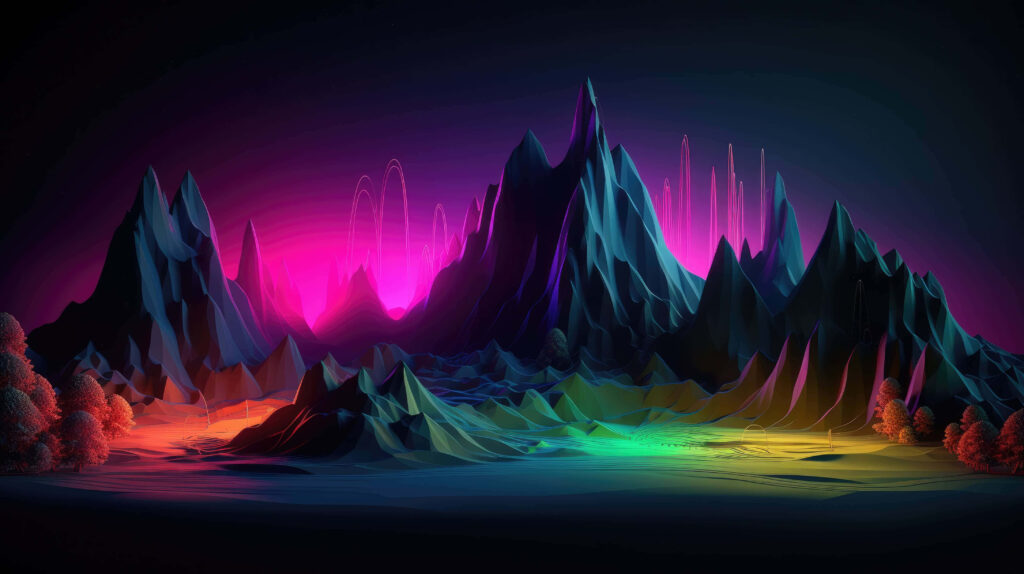 Vibrant Neon Mountain Landscape Wallpaper: Striking Nighttime Scene
