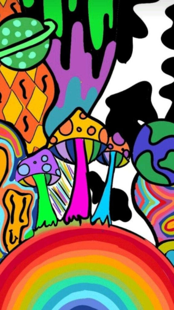 Vibrant neon mushrooms abstract cosmic psychedelic doodle wallpaper background design