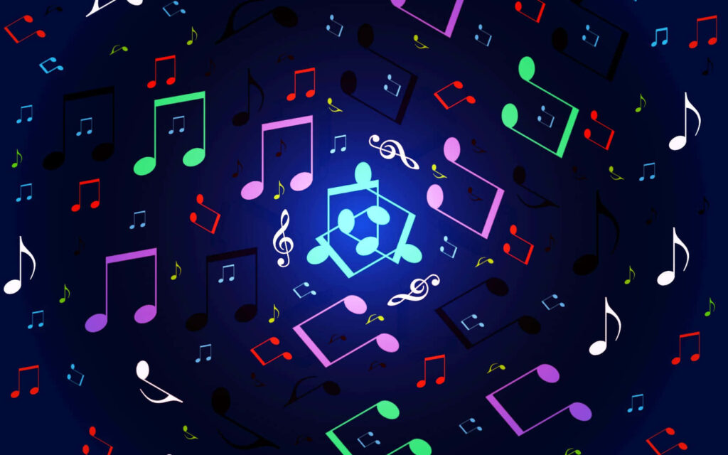 Vibrant Neon Music Notes Wallpaper on Deep Blue Background