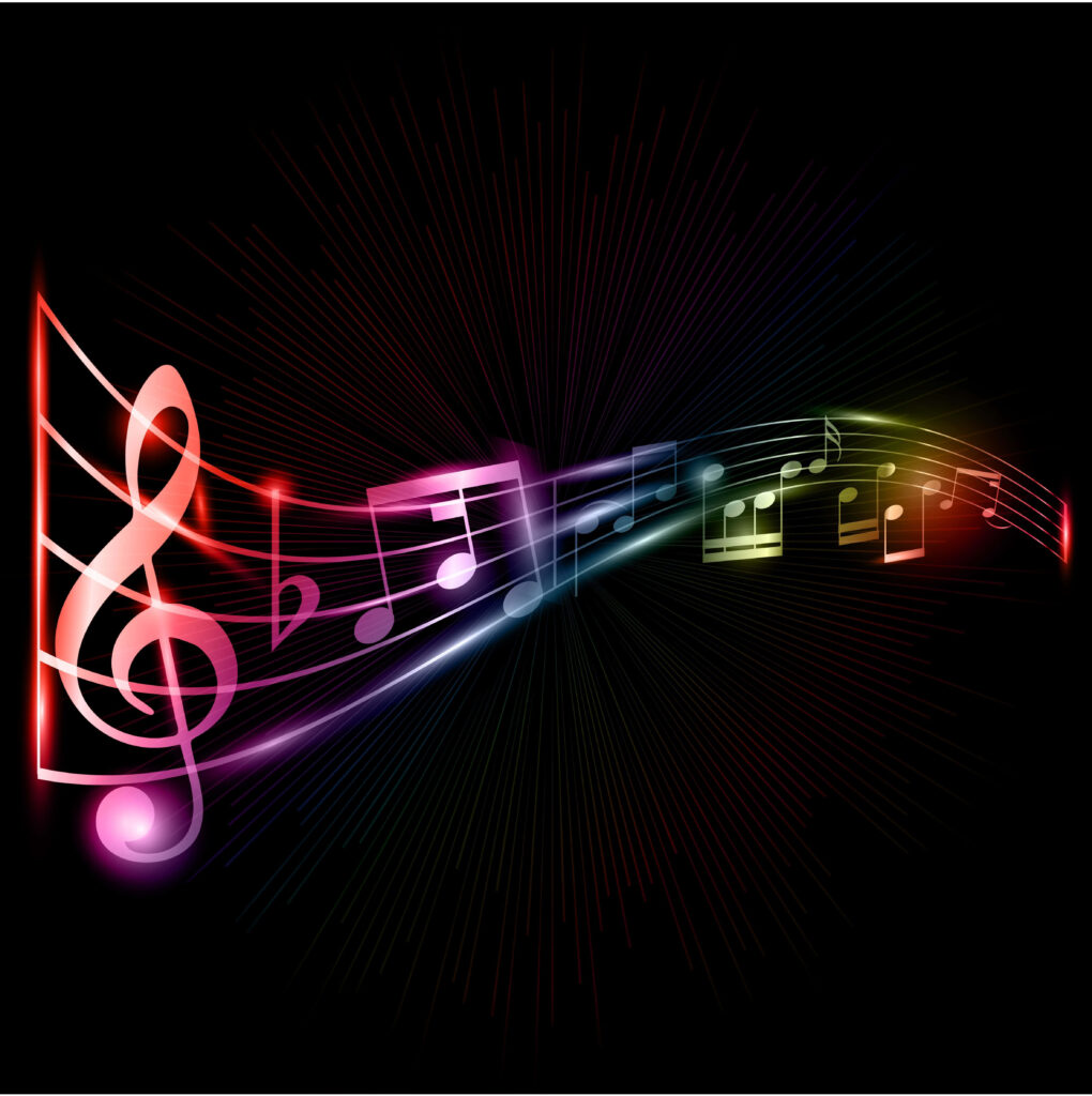 Vibrant Neon Music Wallpaper with Glowing Multicolored Notes