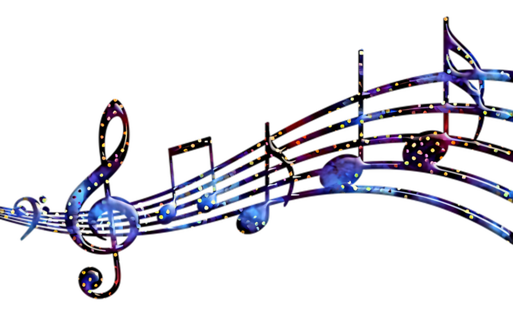 Vibrant Neon Musical Notes Wallpaper on Black Background
