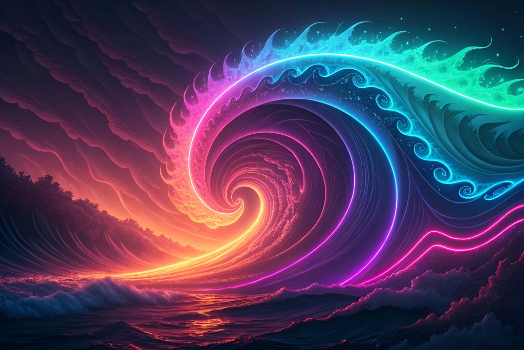Swirling neon ocean wave wallpaper with glowing orange and cyan fluid shapes vibrant abstract art