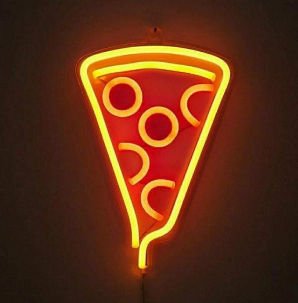 Vibrant Neon Orange Pizza Slice Wallpaper: Funky Dark Background Design