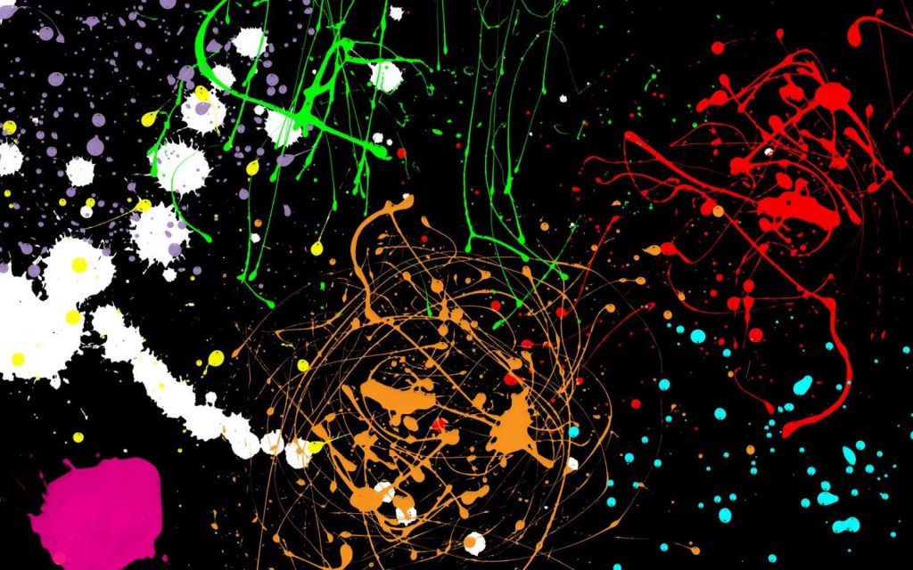 Vibrant abstract wallpaper with neon green red orange white cyan paint drips on black background