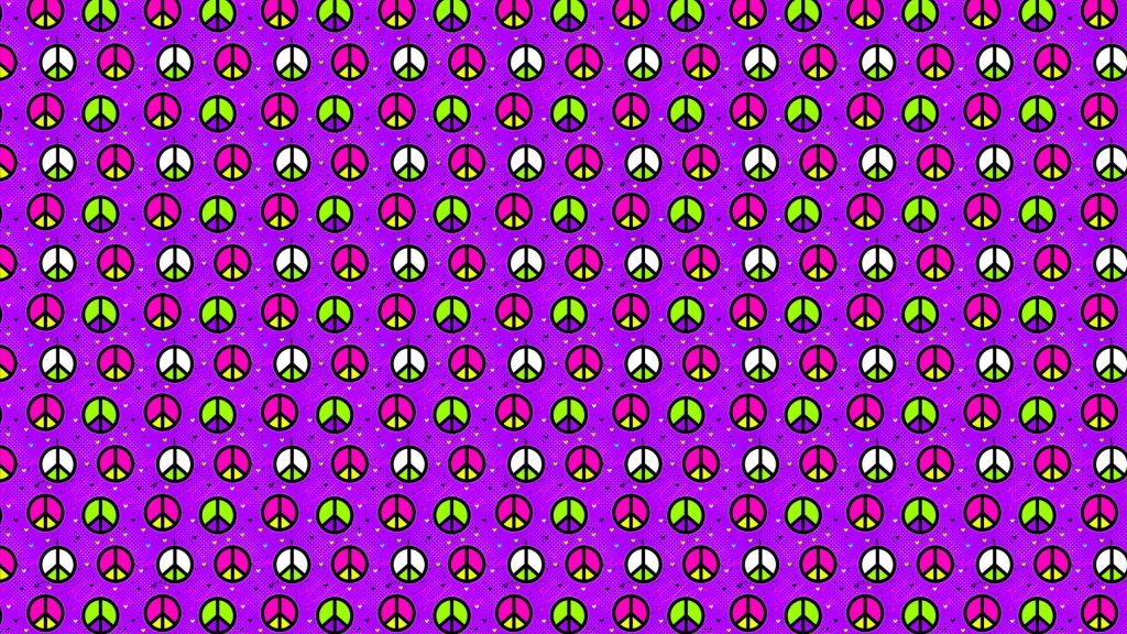 Vibrant wallpaper with white neon green pink peace signs and hearts on purple background