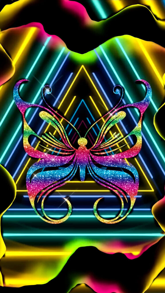 Vibrant Neon Pink Glitter Butterfly Wallpaper with Colorful Patterns