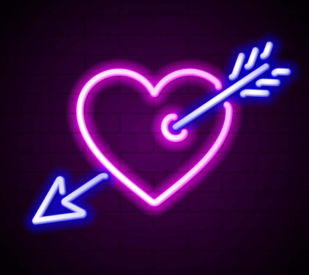 Vibrant Neon Pink Heart with Blue Arrow - Romantic Wallpaper Design