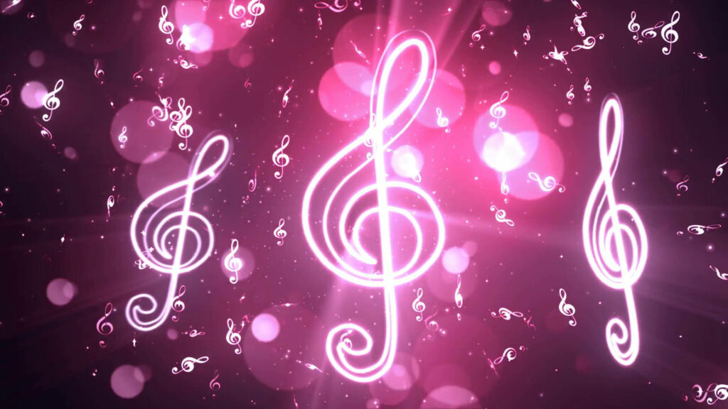 Vibrant Neon Pink Music Notes Wallpaper with Dreamy Bokeh Background