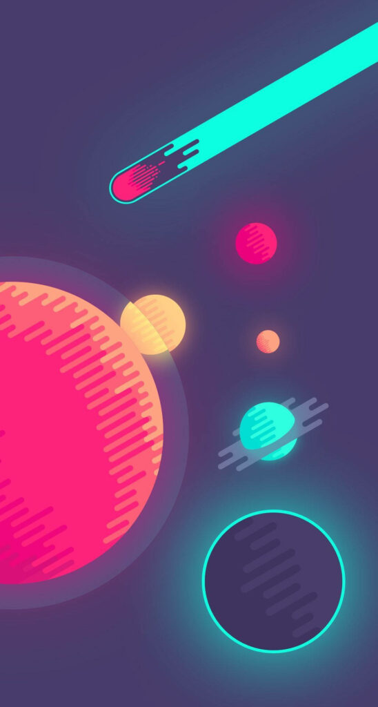 Colorful Cartoon Neon Planets & Meteor: Indie Space Wallpaper