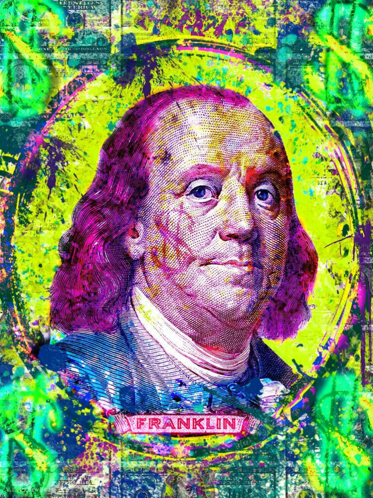 Pop art Benjamin Franklin wallpaper neon colors splattered paint modern artistic portrait background