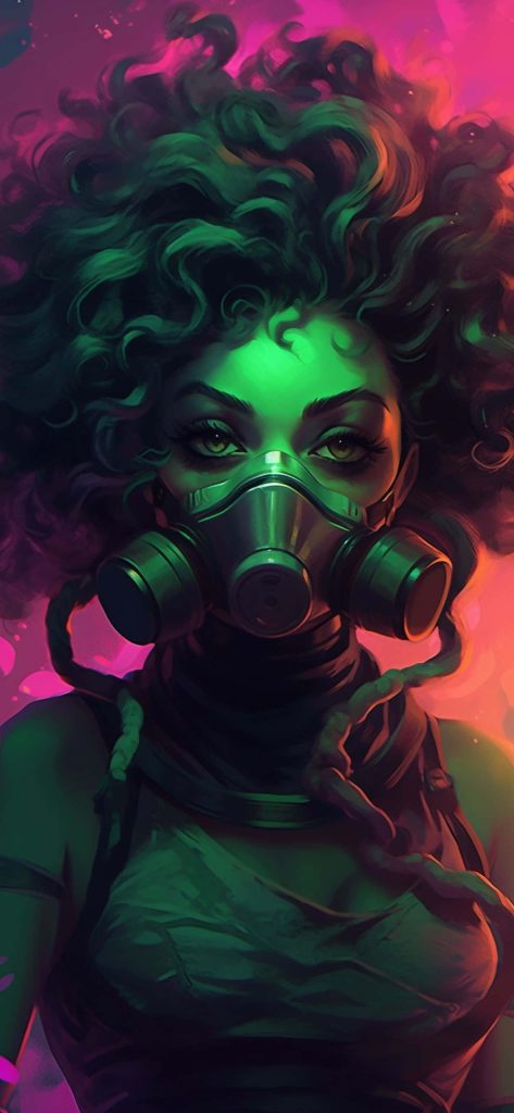 Vibrant digital portrait of woman with curly hair wearing metallic gas mask neon pink green background Wallpaper