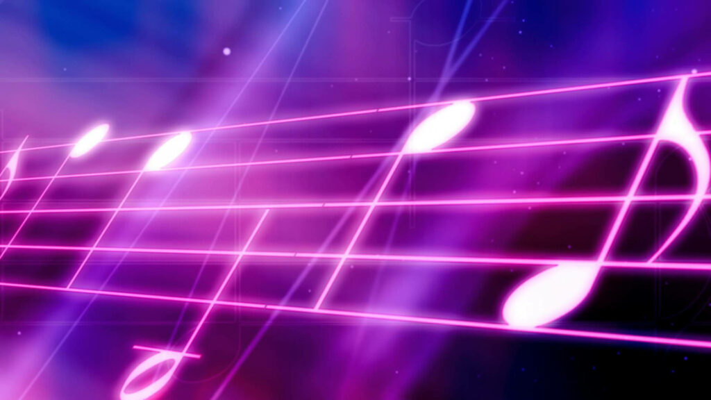 Vibrant Neon Purple Musical Notes on Cosmic Wallpaper Background
