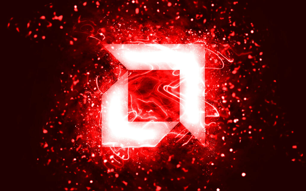 Vibrant neon red AMD logo glowing with dynamic light effects and electric particles dark background Wallpaper