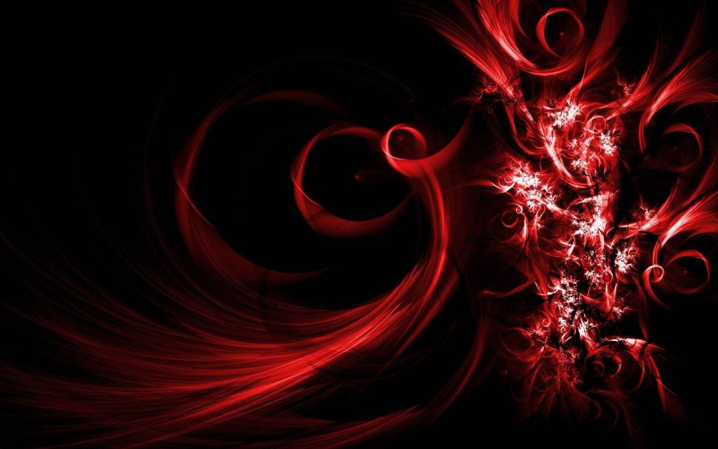 Vibrant neon red swirls and glowing fractal patterns on a sleek deep black digital art wallpaper