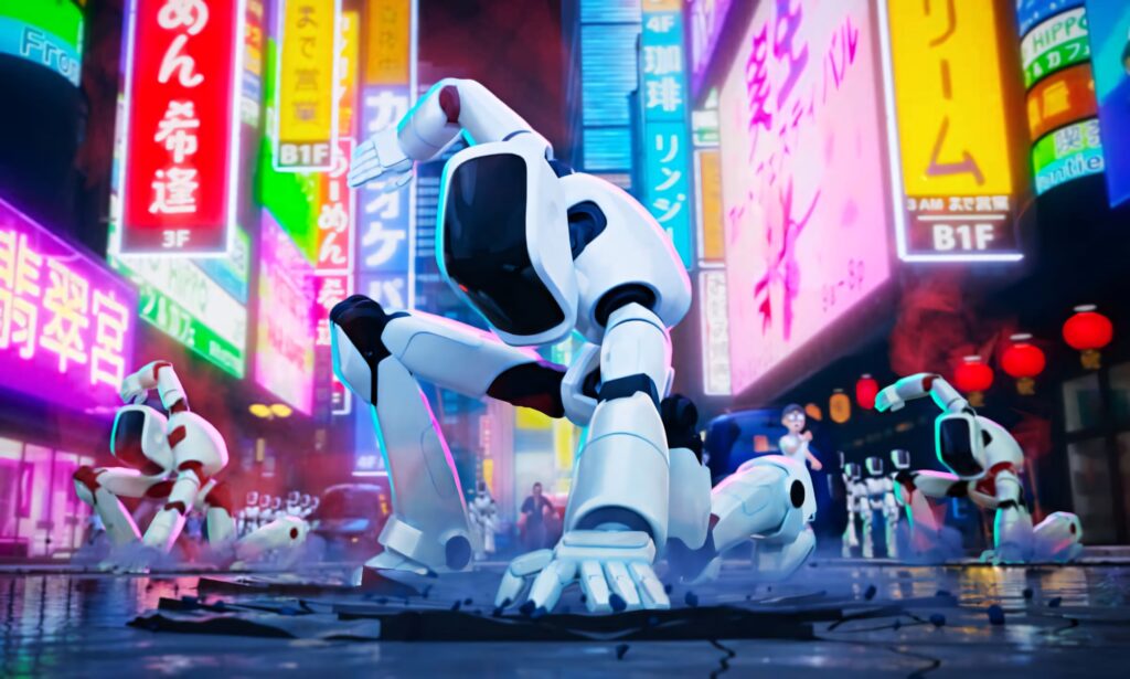 Futuristic Tokyo Night: Vibrant Robot Invasion Wallpaper Background