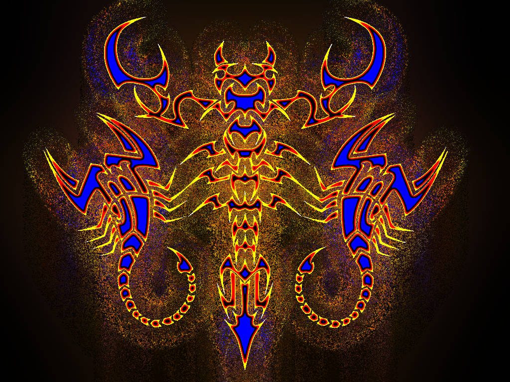 Vibrant neon blue red and yellow Scorpio digital art on dark textured mystical background wallpaper