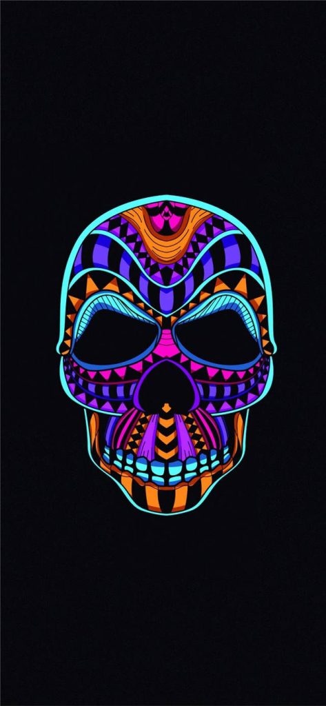 Neon skull iPhone wallpaper with geometric tribal patterns in blue purple and orange on black background