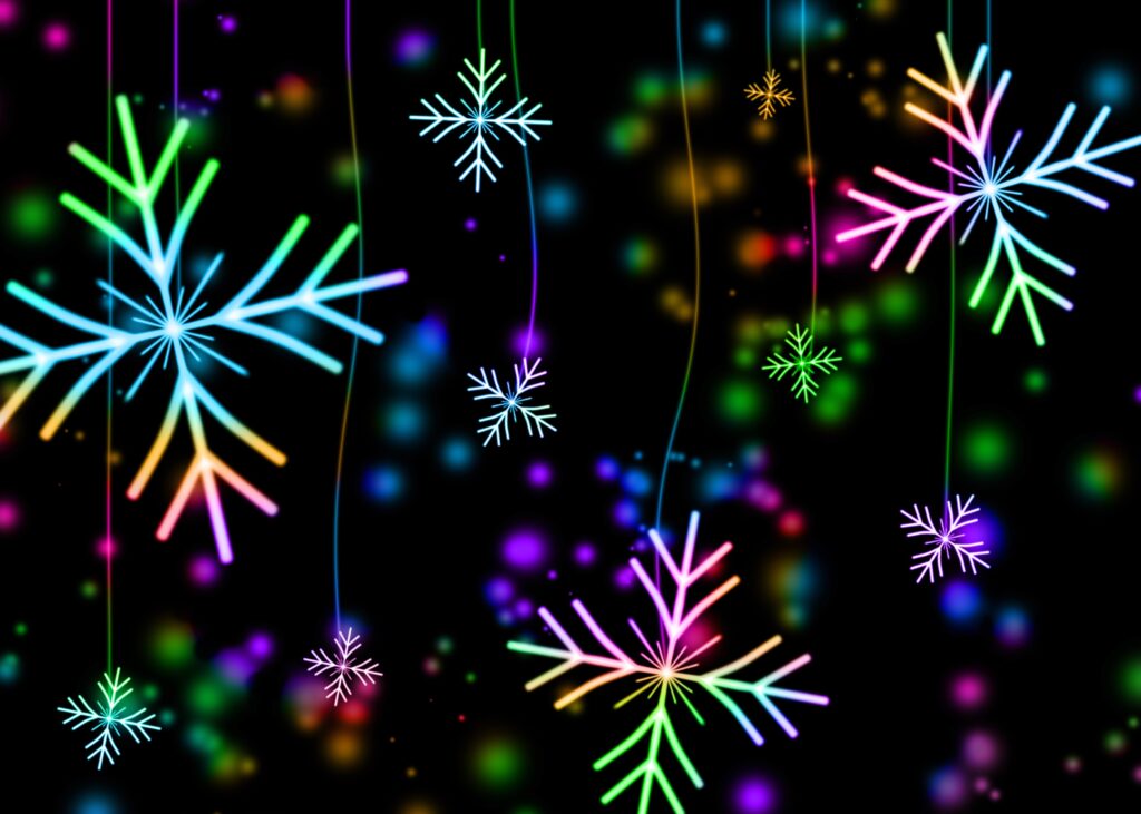Vibrant Neon Snowflakes Wallpaper with Colorful Glow on Dark Background