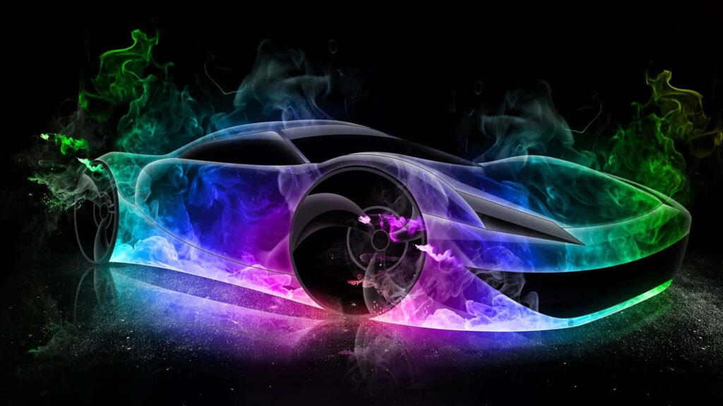 Vibrant sports car glowing with neon lights surrounded by swirling multicolored smoke wallpaper